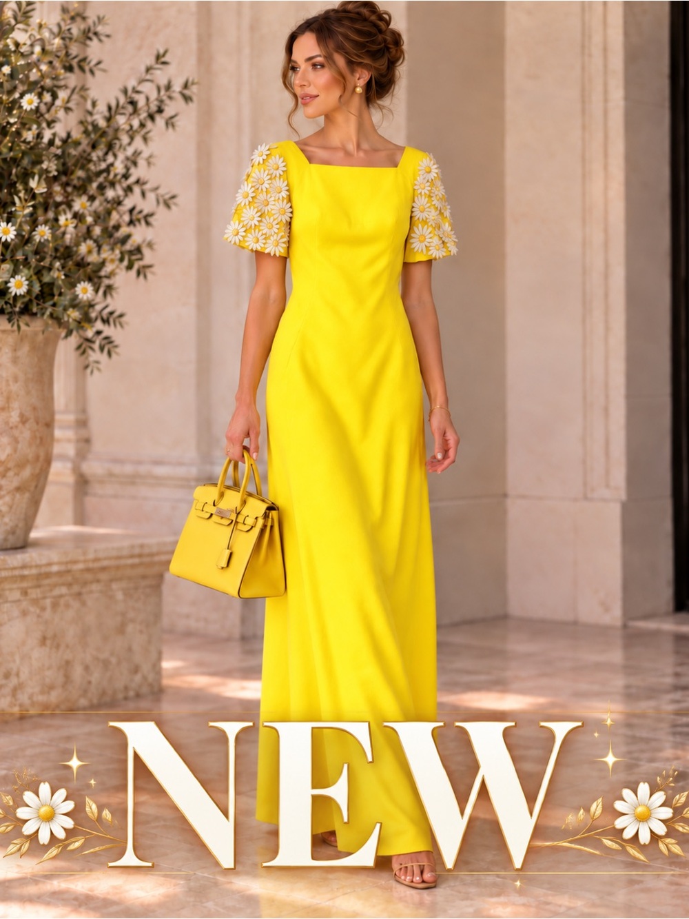 Rare Authentic 1960s vintage floral Appliqué sunshine yellow Daisy dress. 🌼